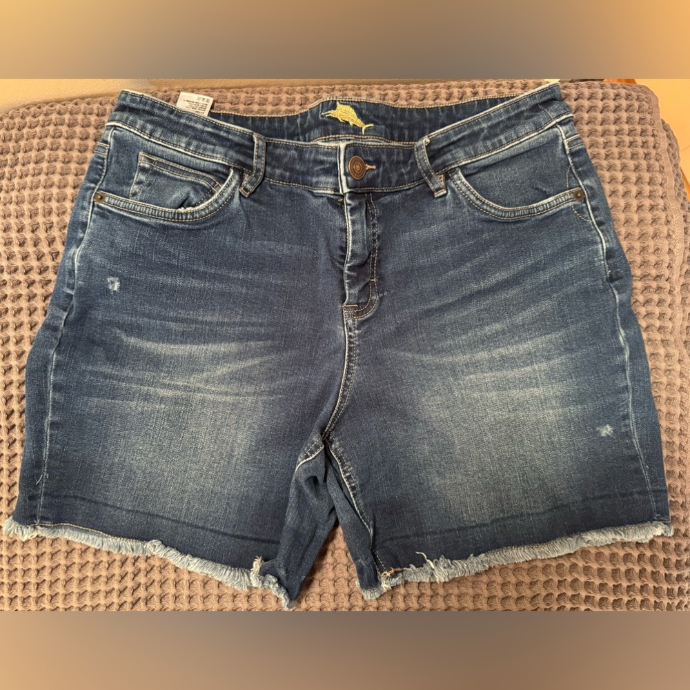 Tommy Bahama denim shorts with frayed hem, soft stretch size 32